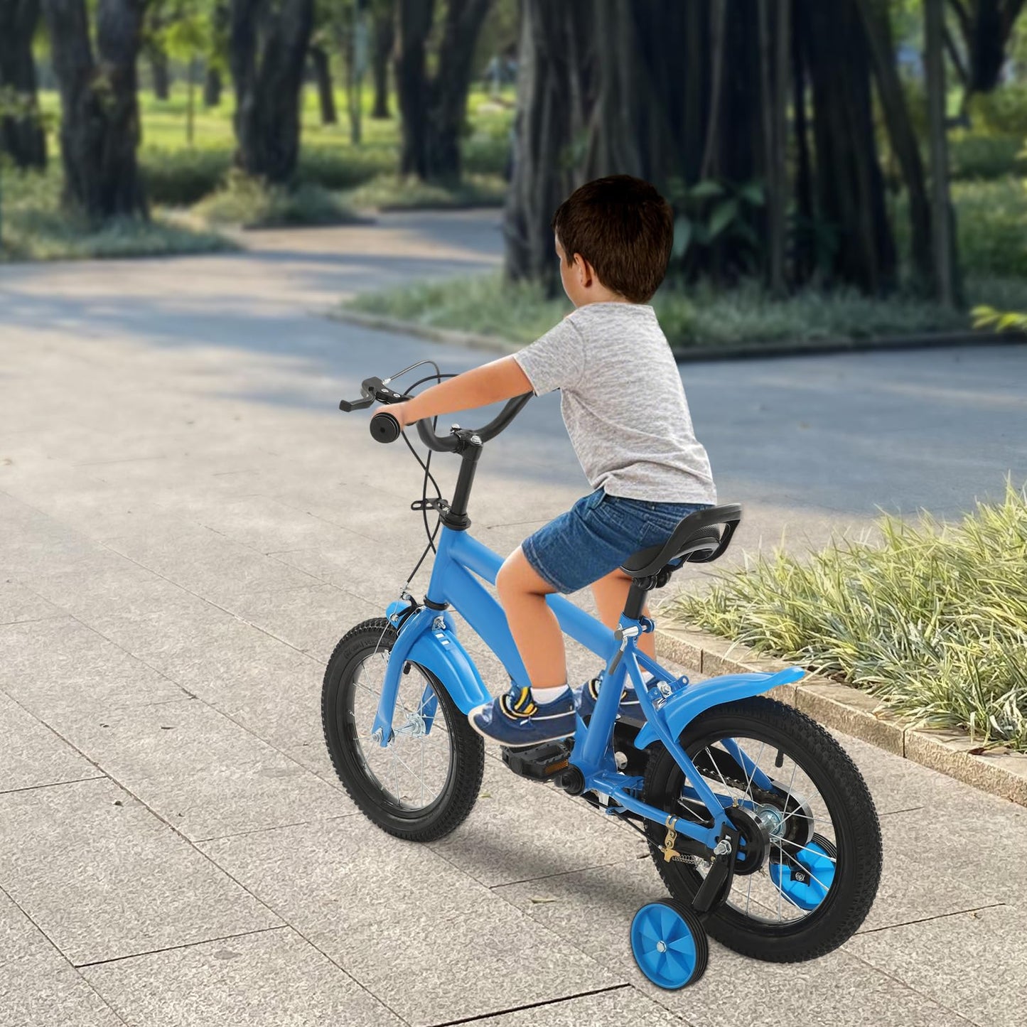 HPDTZ 14'' Children's Bicycle, Children's Learning Bicycle, Kids Bike for Children Ages 3-5, 14 inch Wheels with Stabilisers (Blue)