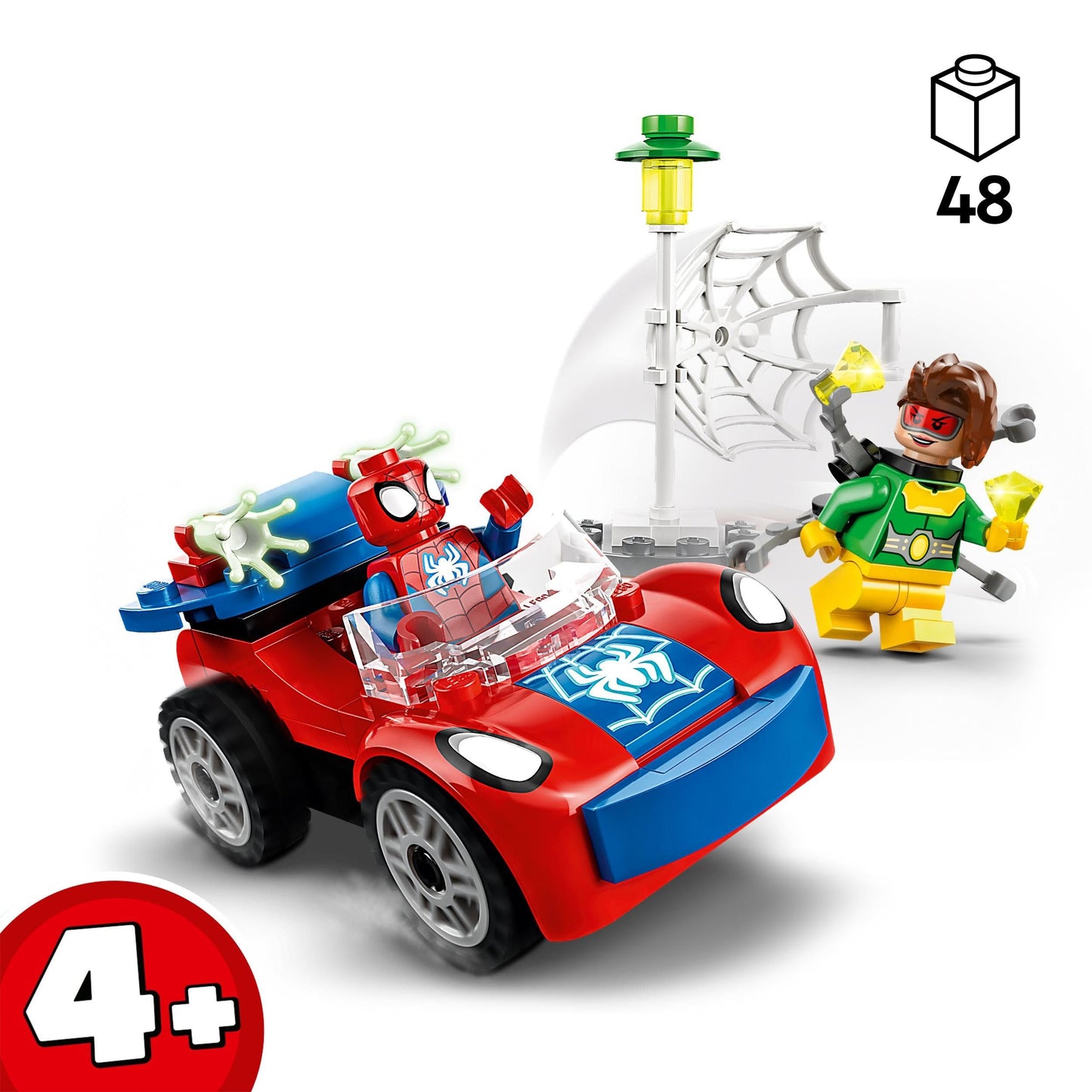 LEGO 10789 Spider-Man's Car set with glow-in-the-dark pieces featuring Spidey and Doc Ock for kids aged 4 and up.