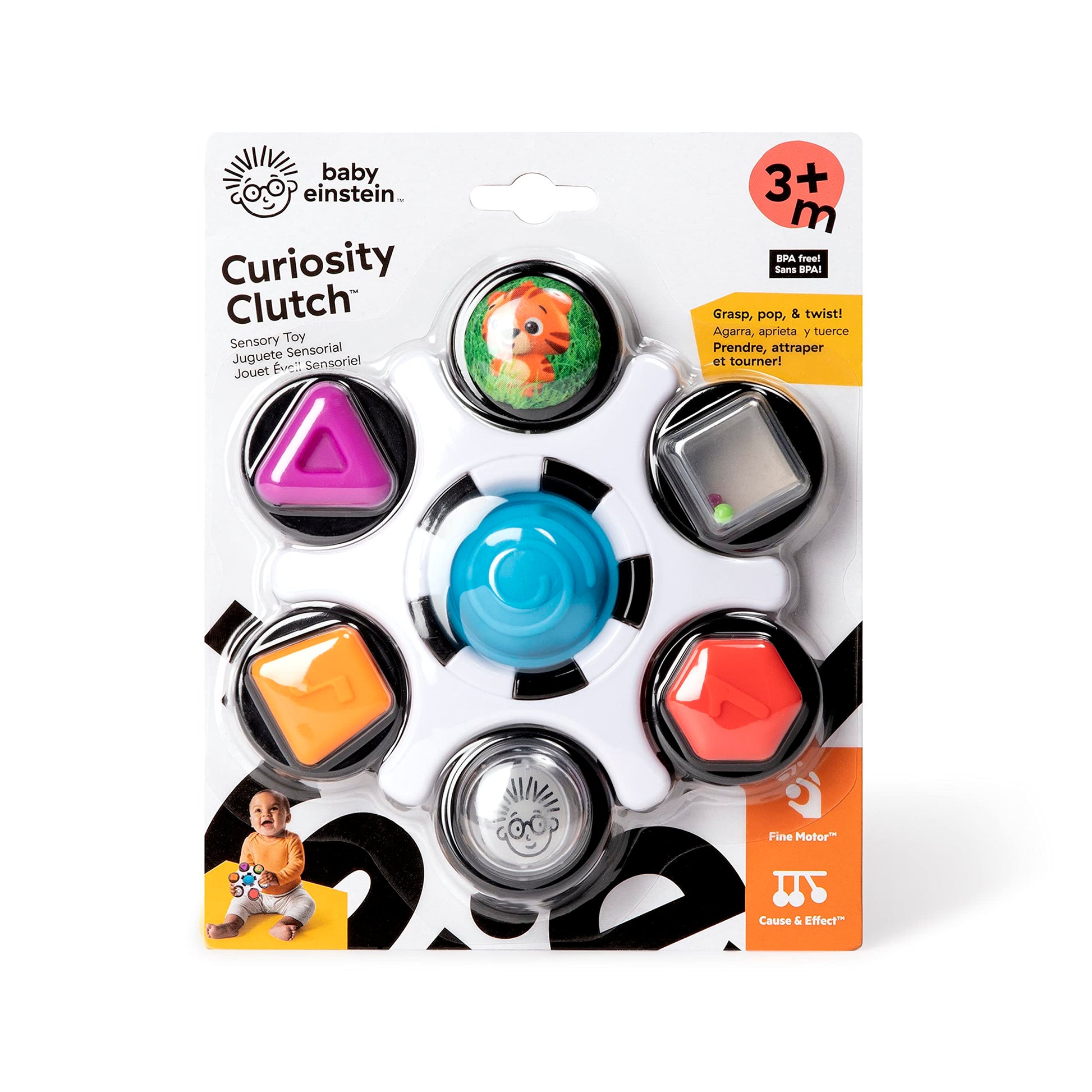 Baby Einstein Curiosity Clutch fidget toy with pop it, BPA-free infant rattle and teether for babies 3 months and older.