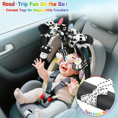 Zendstanding Spiral Car Seat Toys for Babies, 0-6 Months Stroller Pram Activity Hanging Toys High Contrast Black and White Sensory Toy, Newborn Soft Plush Travel Toy for Boys Girls