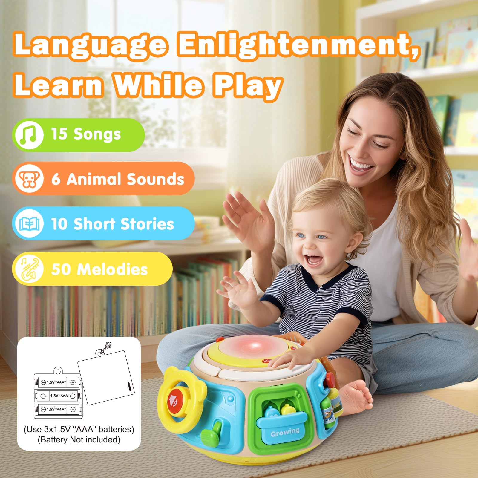Sumapner 7-in-1 activity cube drum with sensory shape blocks, music, and lights for babies and toddlers playing and learning.