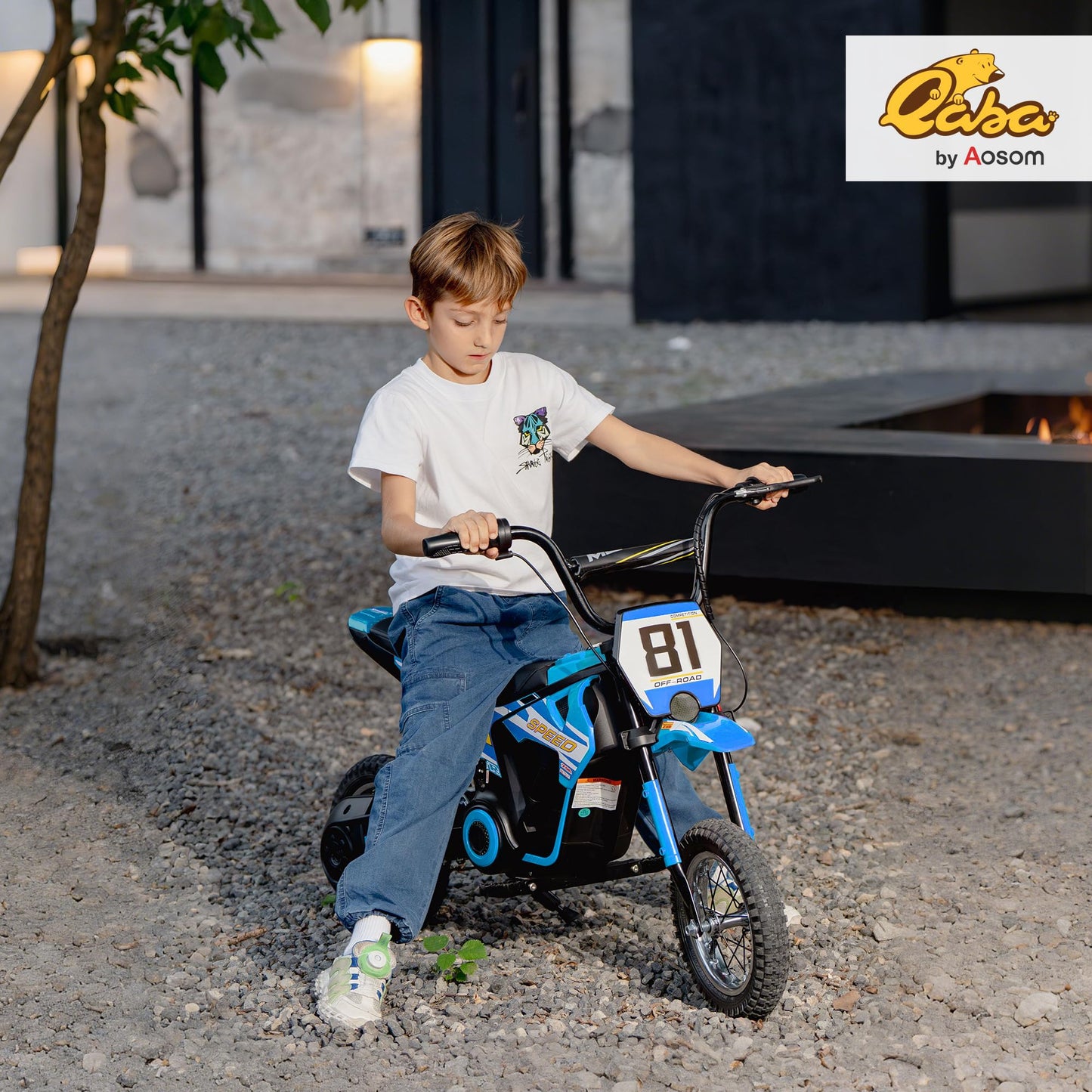 AIYAPLAY kids electric dirt bike with 12-inch inflatable tires, 24V battery, 250W motor, rear suspension, blue ride-on motorcycle
