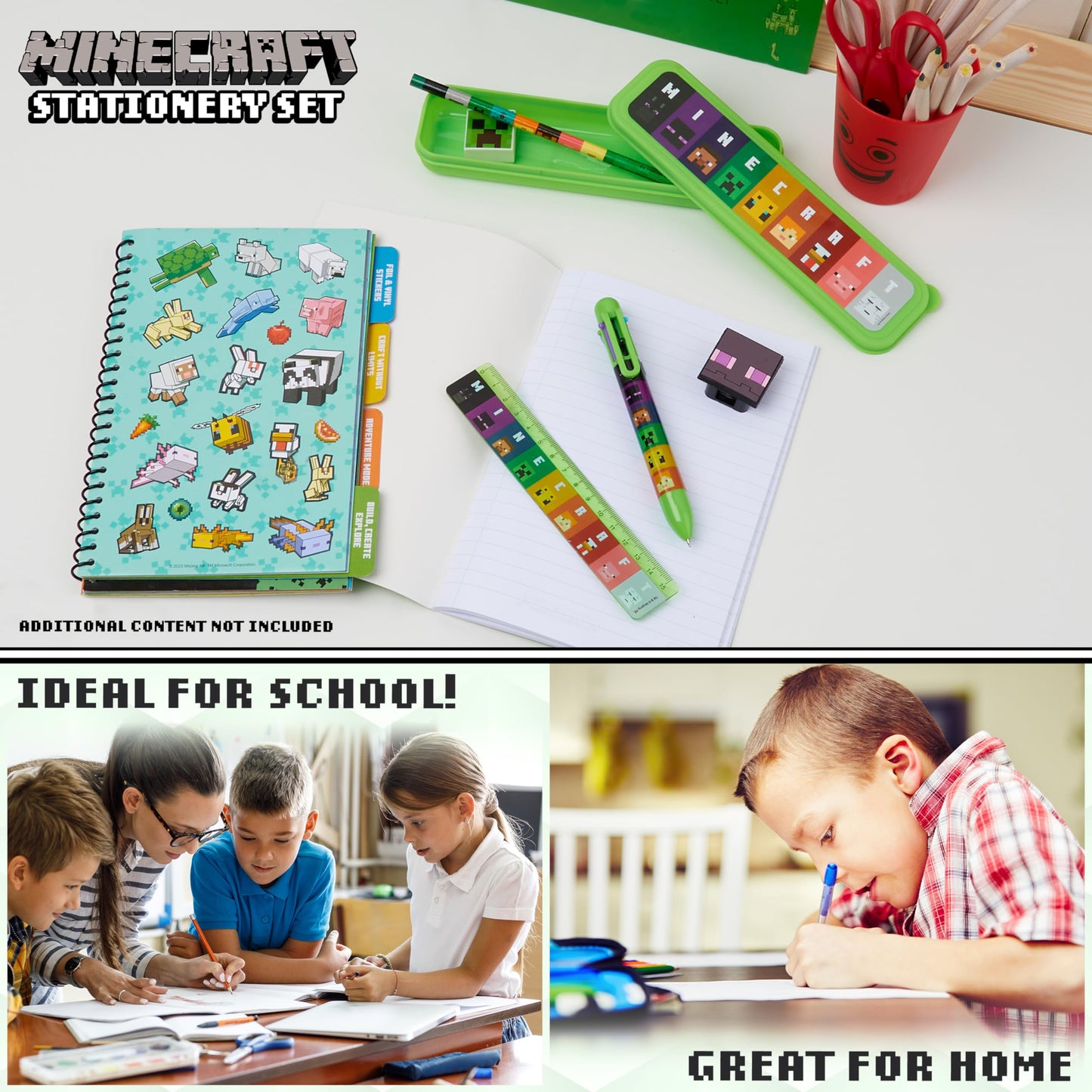 Minecraft Pencil Case and Stationery Set for Kids Filled Pencil Pouch Notebook Sticky Notes Pencils Creeper School Supplies Gamer Gifts for Kids (Green/Multi)
