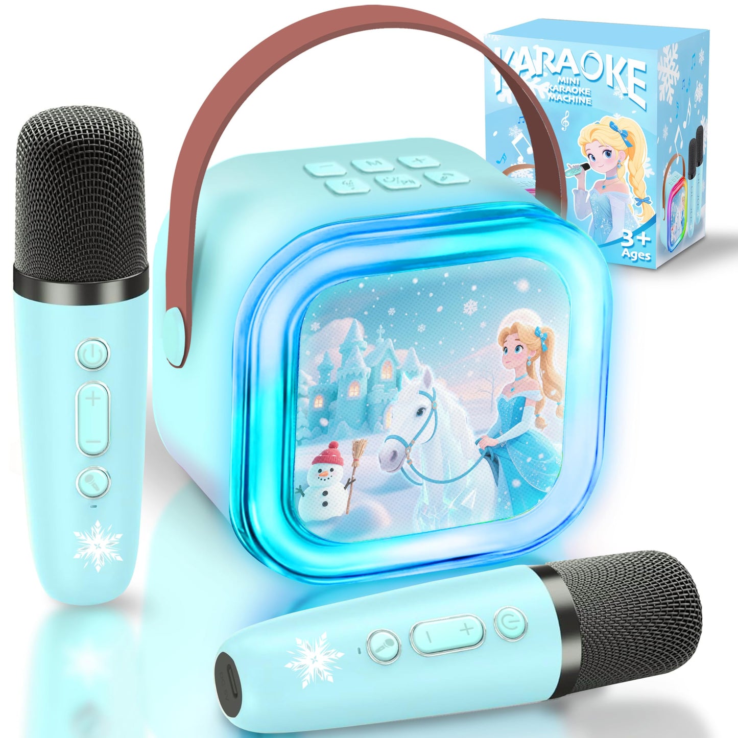 Omiowl girls birthday gift set with Frozen princess toys, karaoke machine, and two microphones for ages 3 to 8.