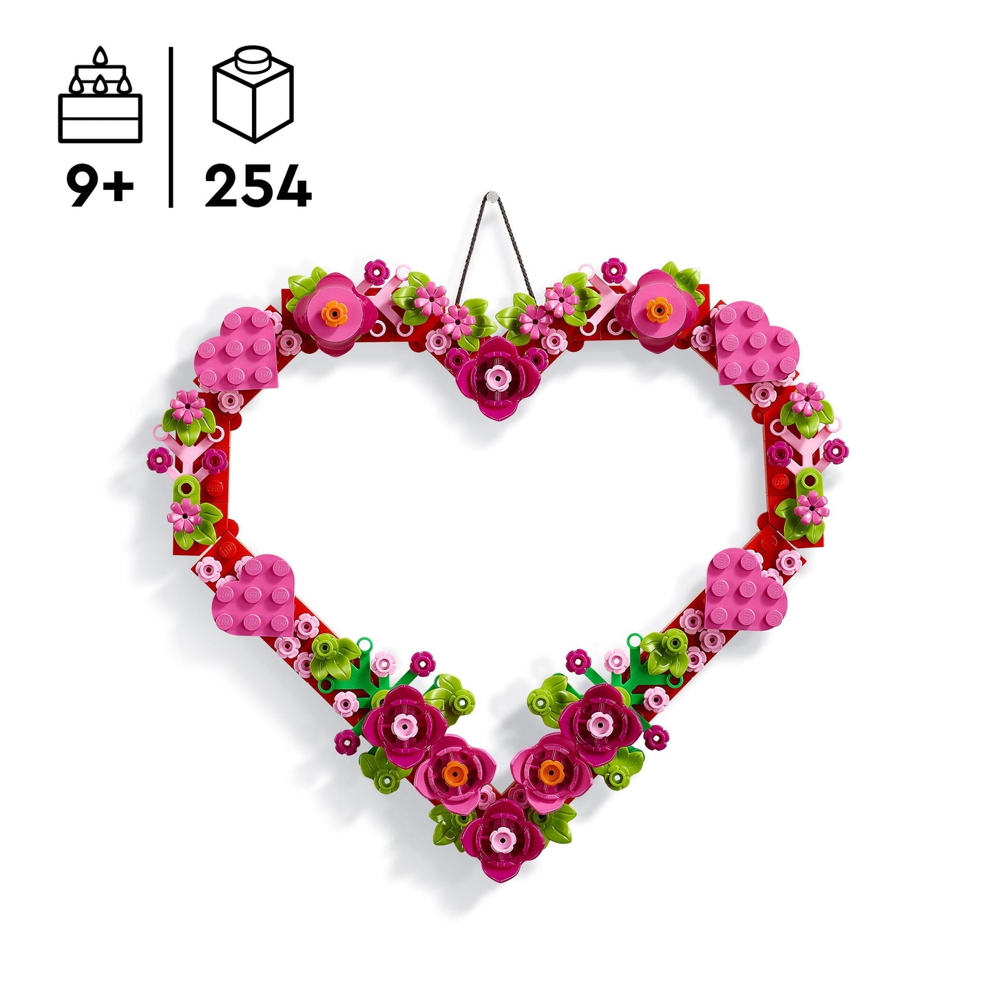 LEGO Heart Ornament Toy arts and crafts kit with colorful flowers, leaves, and hearts for kids aged 9 and up.