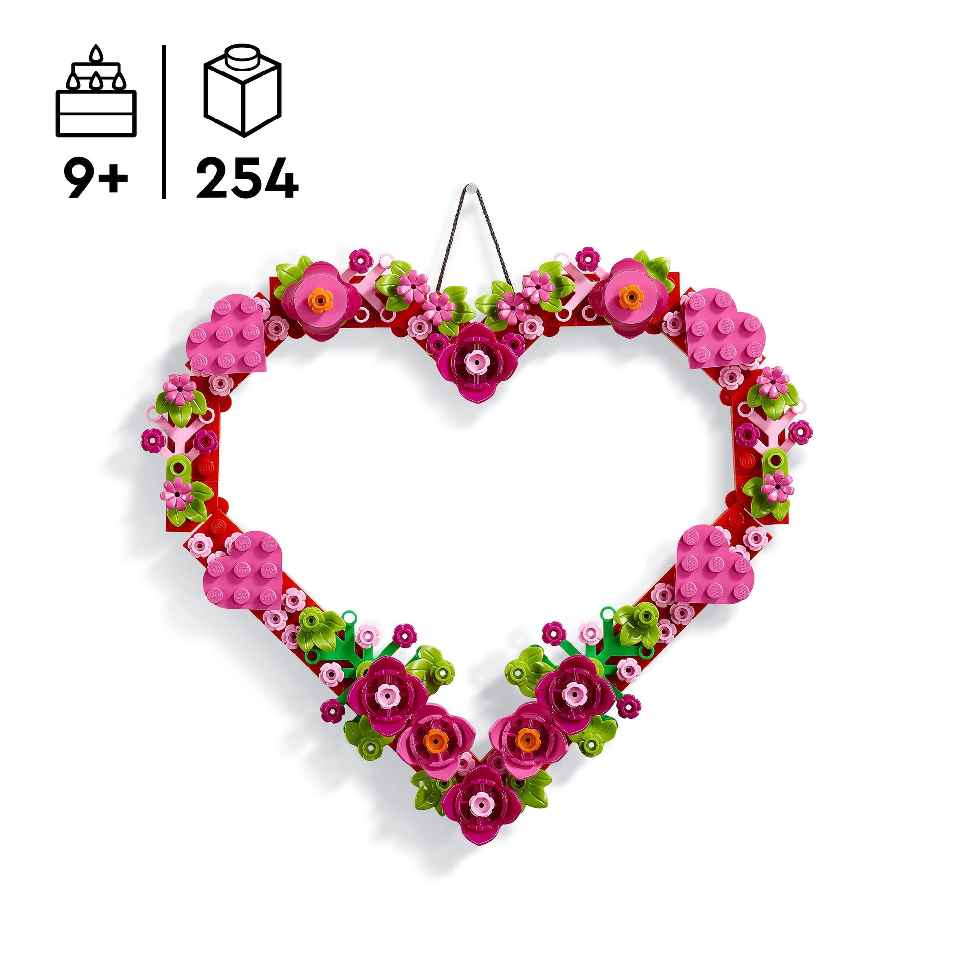 LEGO Heart Ornament Toy arts and crafts kit with colorful flowers, leaves, and hearts for kids aged 9 and up.