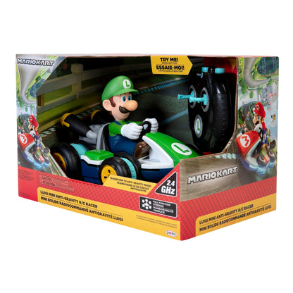 Nintendo Super Mario Kart 8 Luigi RC racer by Jakks Pacific with anti-gravity, spins, wheelies, drifting, up to 100 ft range for kids.