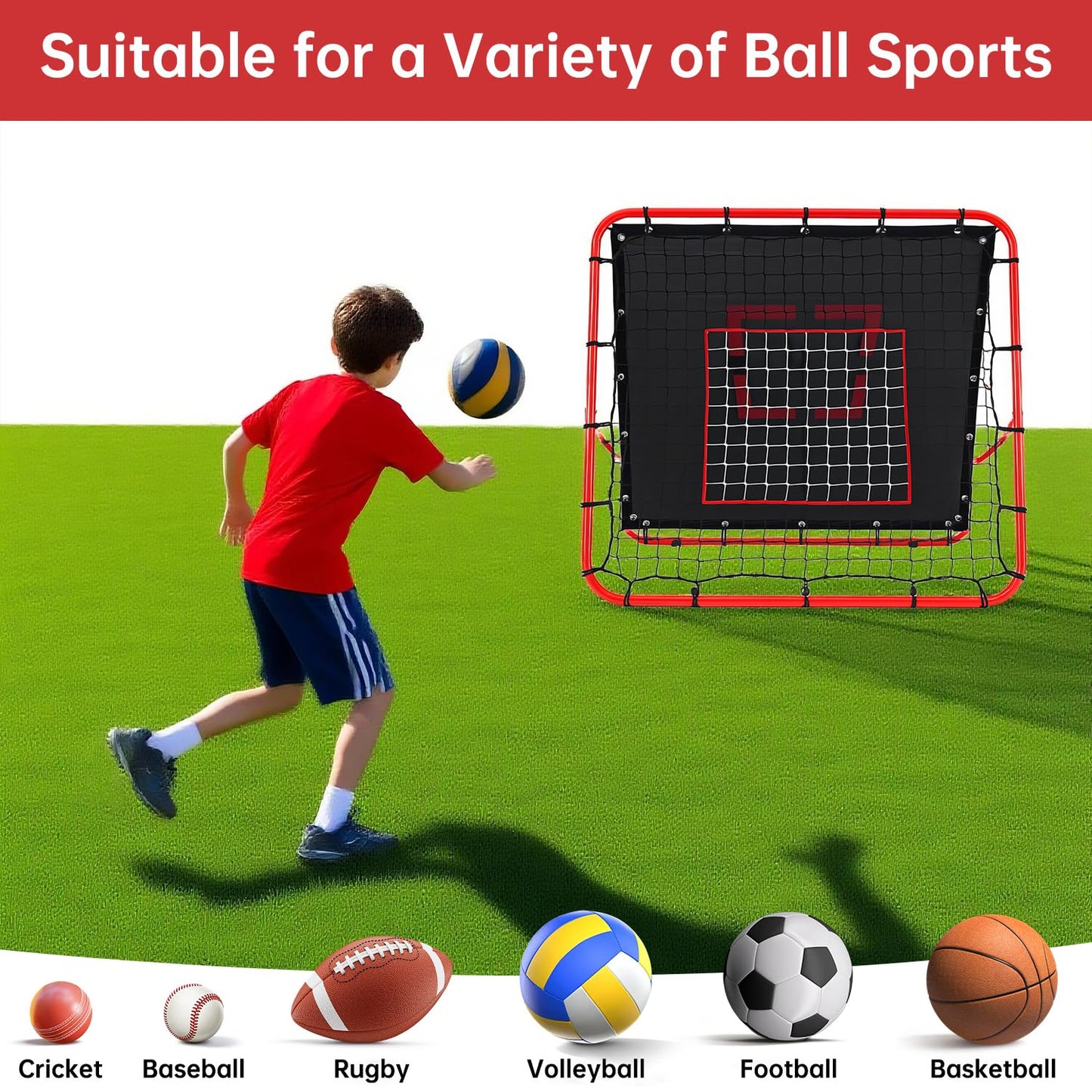 Double-Sided Football Rebounder Net, Adjustable Goal in 5 Levels, Rebound Net with Goal Kickback Target for Kids Soccer Training, Portable Football Goals for Garden Outdoor, 100 x 100 cm Red