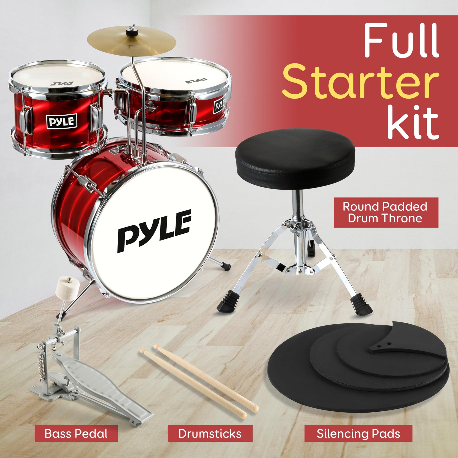 Pyle Kids 3-Piece Drum Kit with wooden shells, bass and snare drums, cymbal, adjustable seat, and lightweight drumsticks for children.