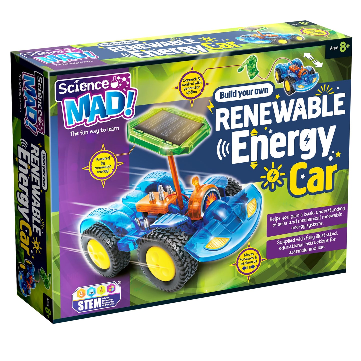 Science Mad renewable energy electric car kit for kids showing a hand-powered generator and solar panel components.
