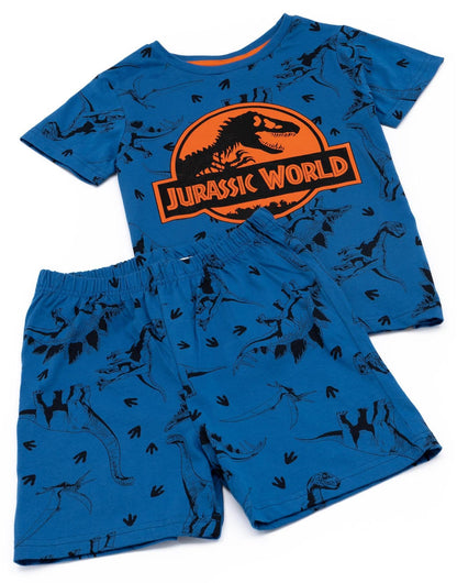 Jurassic World Boys Pyjama Set | Blue Short Sleeve T-Shirt and All Over Print Shorts PJs For Kids | Orange Logo with All Over Dinosaur Print Film Loungewear | Nightwear Pyjama Gifts for Children