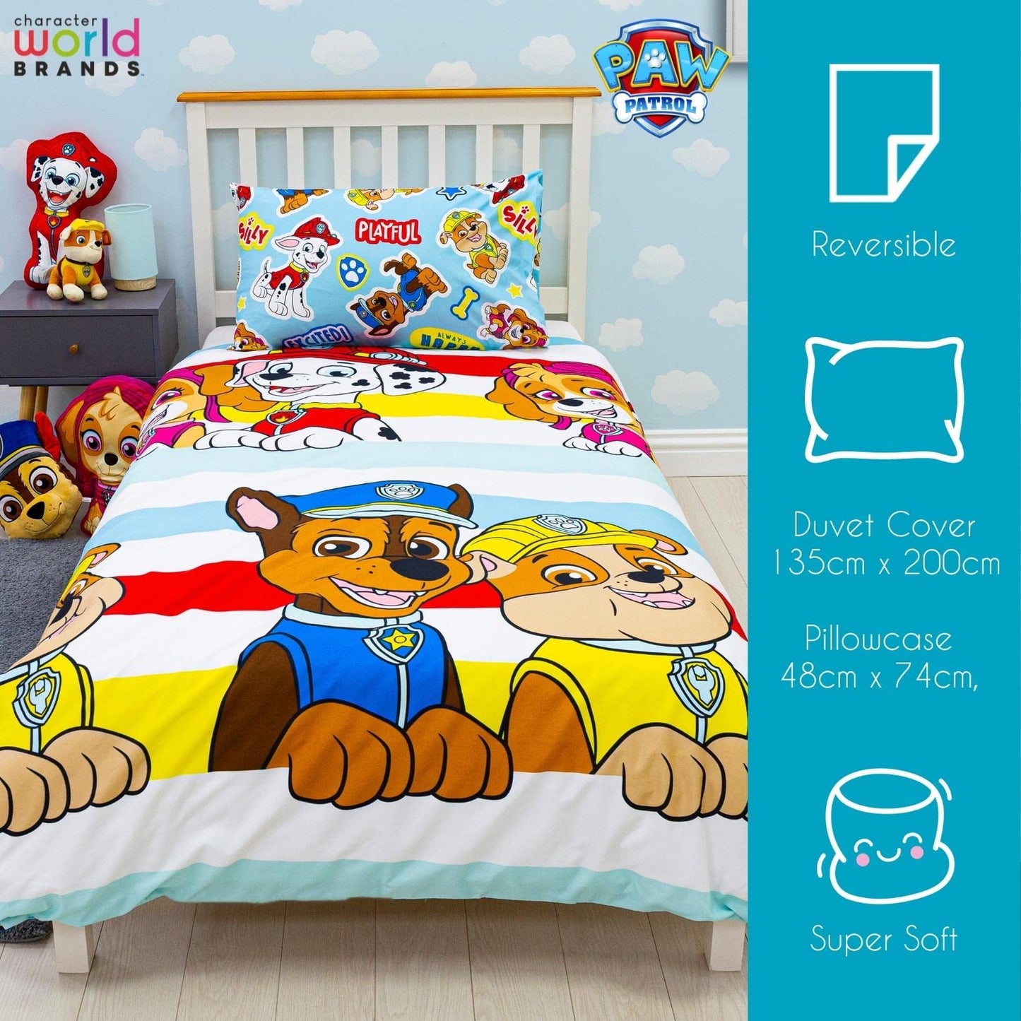 Paw Patrol Official Single Childs Duvet Cover Set | Pupster Design Reversible 2 Sided Bedding Including Matching Pillow Case | Brands Single Bed Set