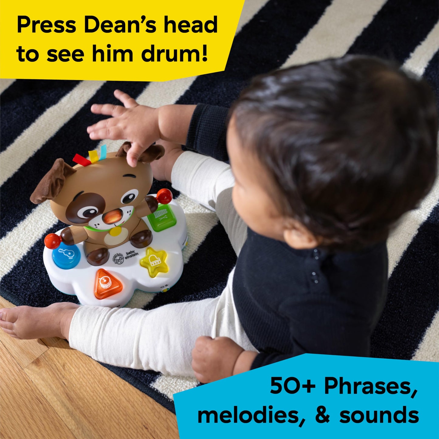Baby Einstein Drum & Learn Dean musical learning toy for babies with colorful buttons and multisensory features for ages 6 months+.