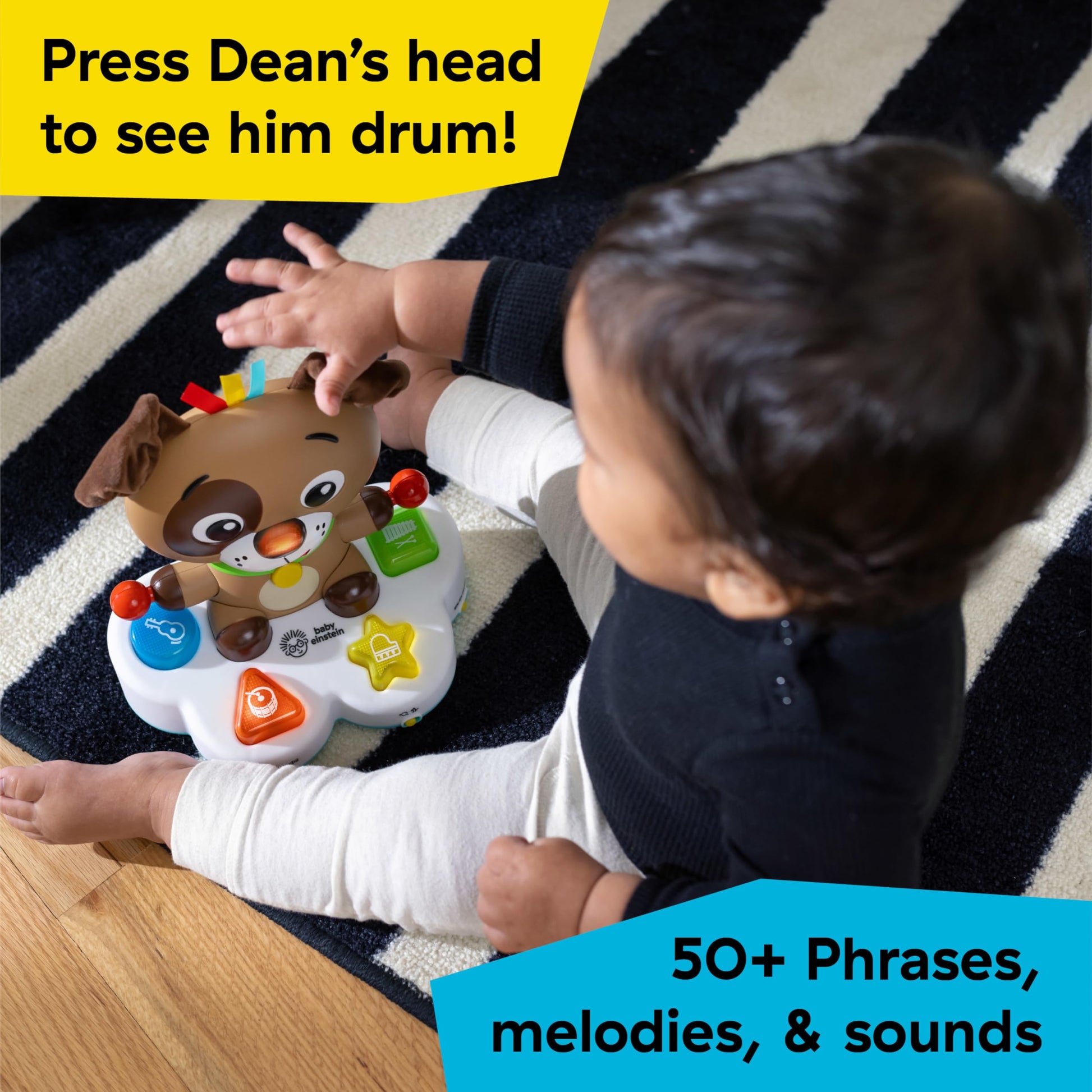 Baby Einstein Drum & Learn Dean musical learning toy for babies with colorful buttons and multisensory features for ages 6 months+.