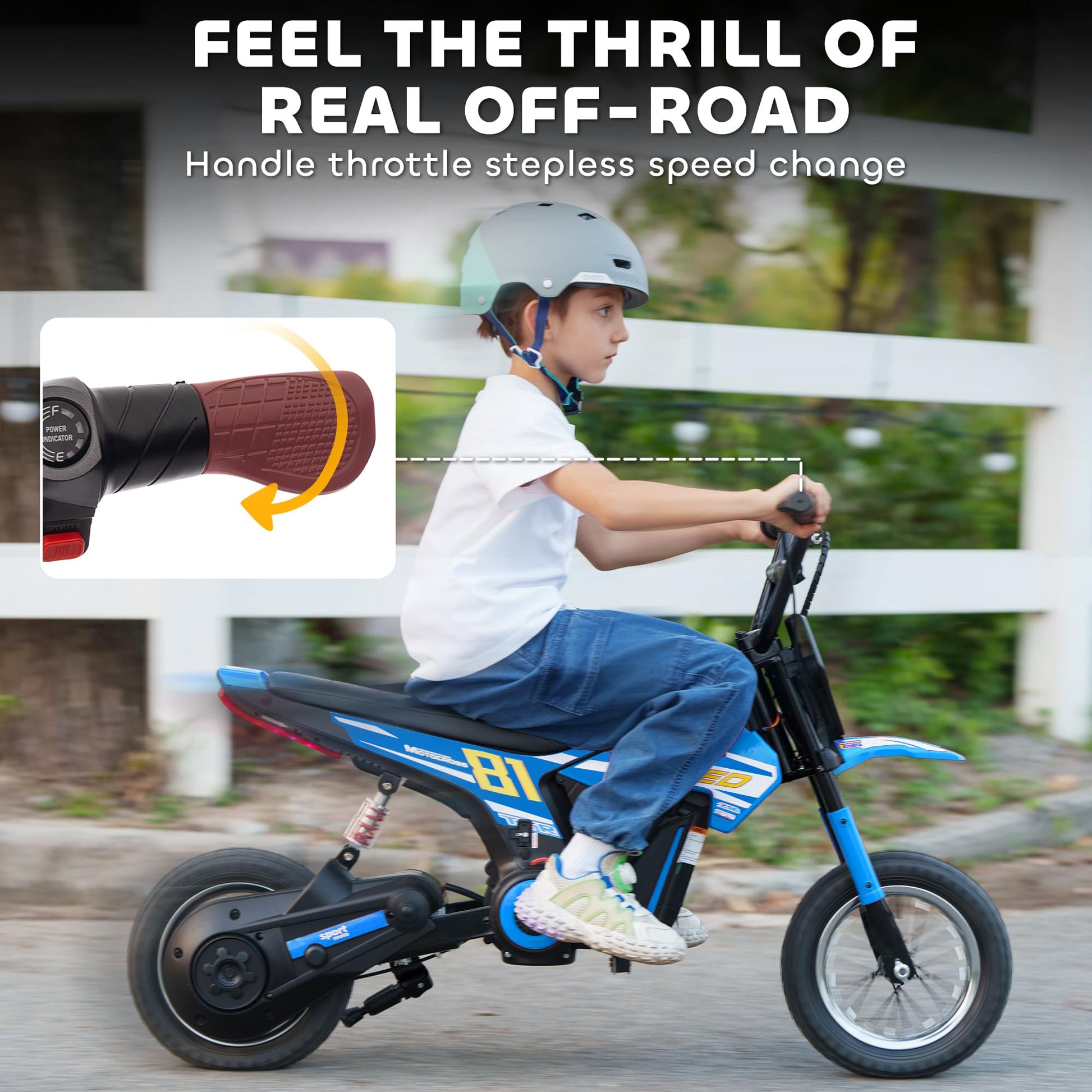 AIYAPLAY kids electric dirt bike with 12-inch inflatable tires, 24V battery, 250W motor, rear suspension, blue ride-on motorcycle.