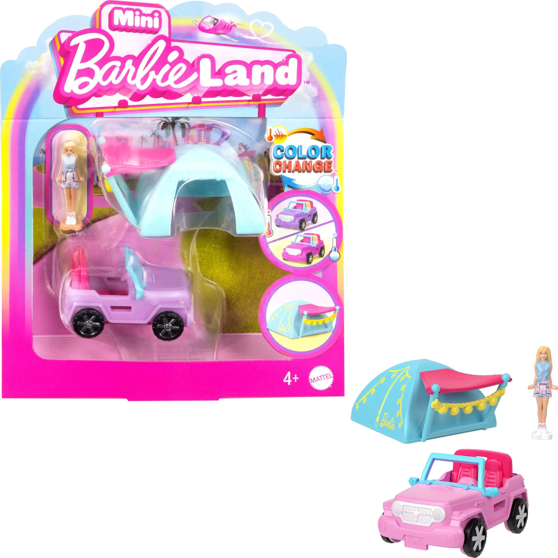 Mini BarbieLand doll set with 1.5-inch Barbie doll, color-change SUV, and tent toy accessories in vibrant colors.