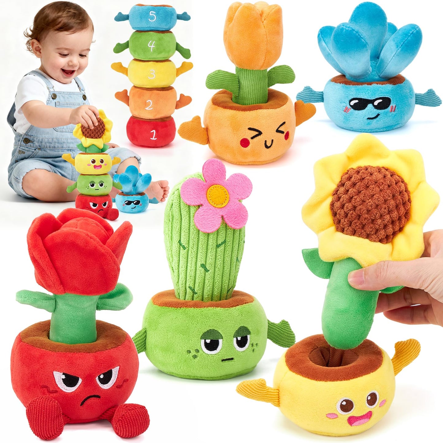 hahaland Baby Sensory Toys 6-12 Months Montessori Toys Sorting Stacking Plugging Baby Toys, 10PCS Fabric Plush Potted Plants & Soft Rattle Flowers Sensory Toy, Various Textured Crinkle Montessori Toy