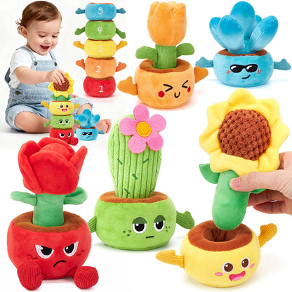 hahaland Baby Sensory Toys 6-12 Months Montessori Toys Sorting Stacking Plugging Baby Toys, 10PCS Fabric Plush Potted Plants & Soft Rattle Flowers Sensory Toy, Various Textured Crinkle Montessori Toy