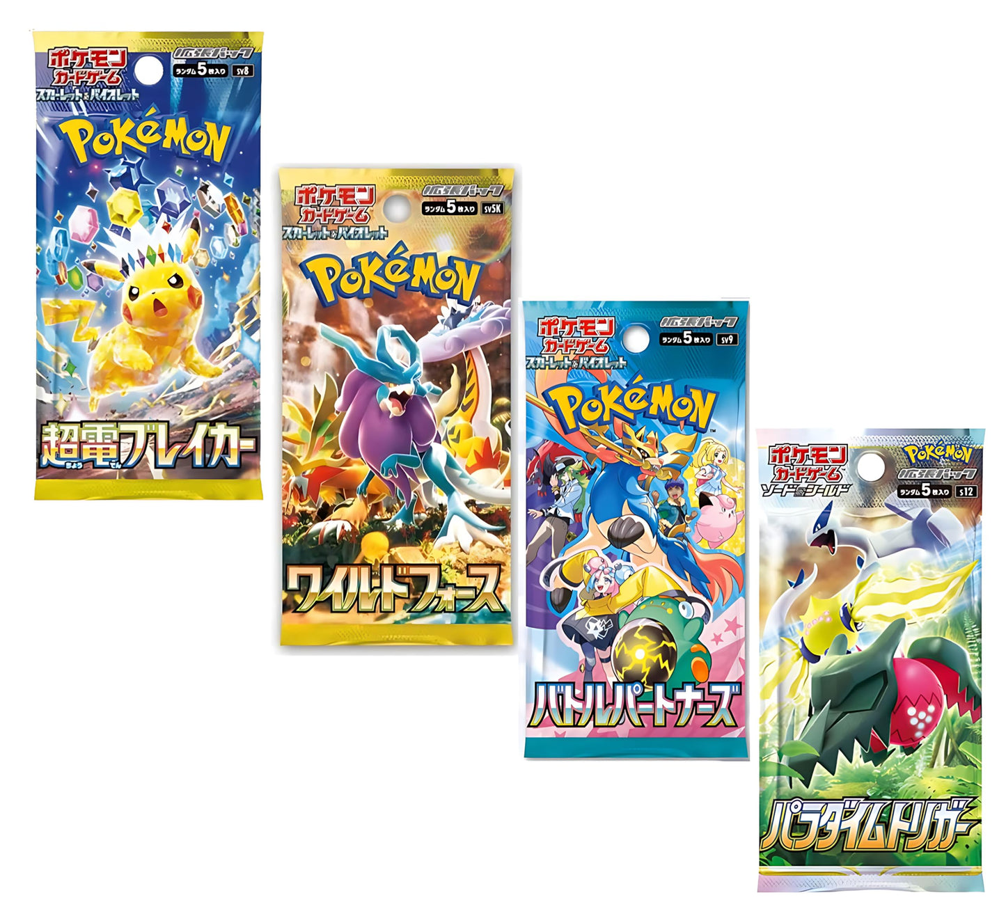 Four Japanese Pokémon booster packs from Titan Cards showcasing colorful card art and packaging design.