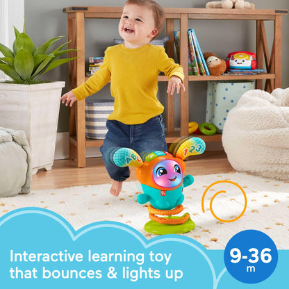Fisher-Price DJ Bouncin’ Beats baby musical learning toy with colorful buttons and spinning turntable for interactive play.
