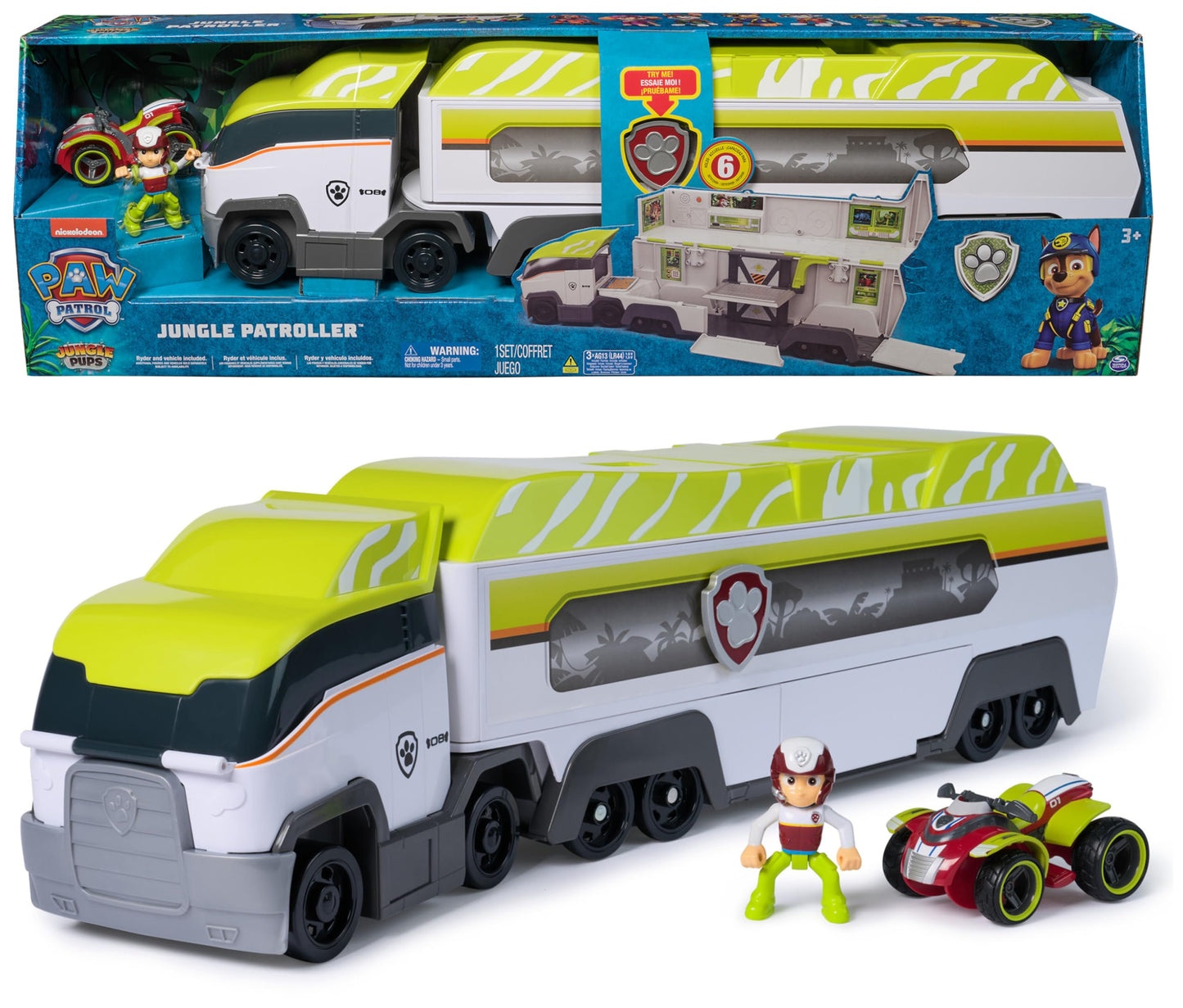 Paw Patrol Jungle Pups, Transforming PAW Patroller, Ryder Action Figure, ATV Toy Car, Vehicle Lift and Sound Effects, Kids’ Toys for Boys and Girls Aged 3+