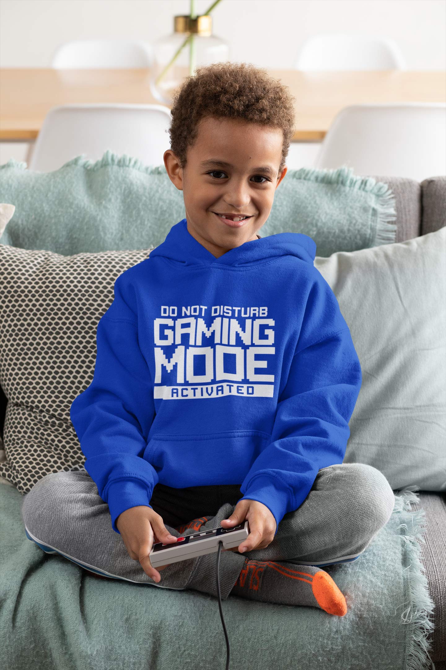 HotScamp Do Not Disturb gaming hoodie for kids and adults, blue unisex hoodie featuring gamer console design for teens aged 9-11.