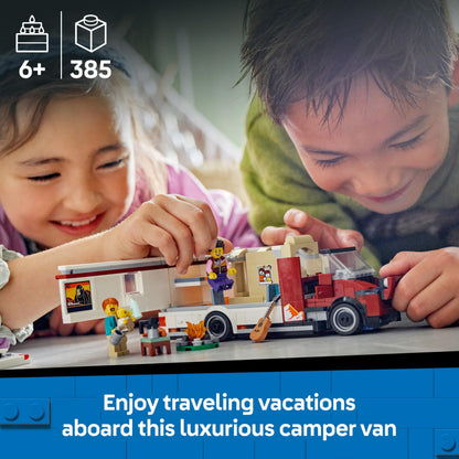 LEGO City Holiday Adventure Camper Van with 3 minifigures and accessories, showcasing a colorful outdoor scene.