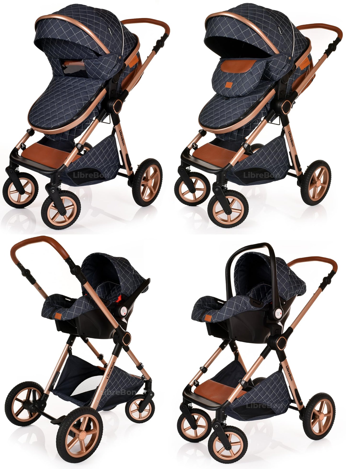 Boneelook 3-in-1 baby stroller with blue denim fabric, rose gold aluminum frame, lightweight foldable design for newborns and toddlers.
