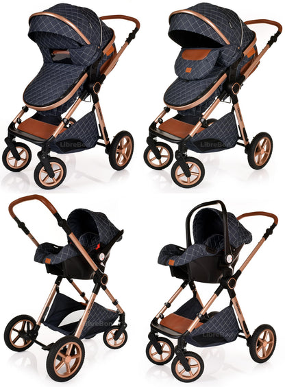 Boneelook 3-in-1 baby stroller with blue denim fabric, rose gold aluminum frame, lightweight foldable design for newborns and toddlers.