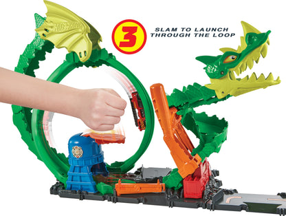 Hot Wheels Track Set with 1:64 Scale Toy Firetruck, City Fire Station with Dragon Nemesis and Track Play, Dragon Drive Firefight, HDP03