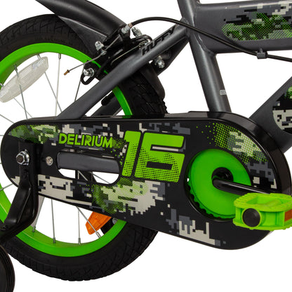 Huffy Delirium 16-Inch Boys’ Bike, Durable Steel Frame, Dual Caliper Brakes, Removable Stabilisers, Single-Speed, Kids’ Bicycle for Ages 4-6, Storm Matte Grey & Lime Green