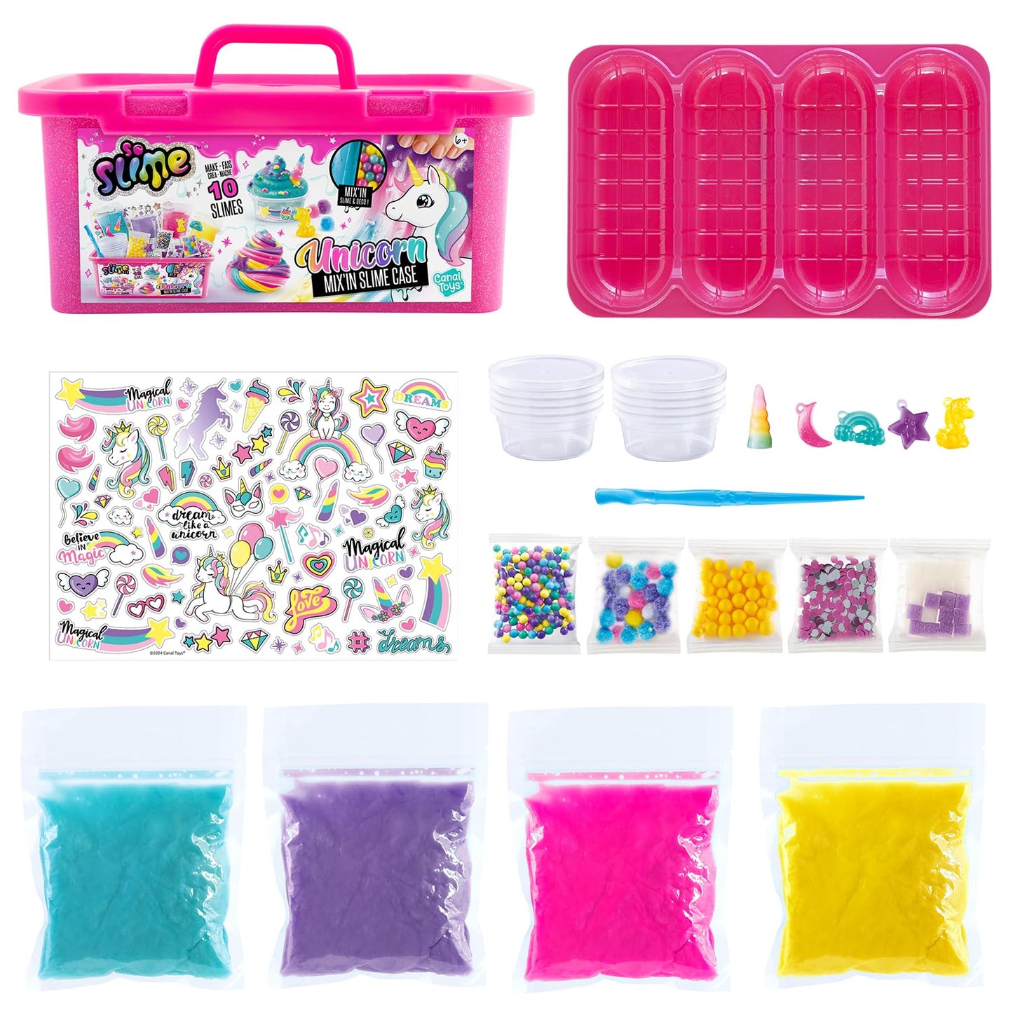 Pink unicorn-themed slime case featuring ready-made pink slime with colorful mix-ins from Canal Toys' So Slime Unicorn collection.