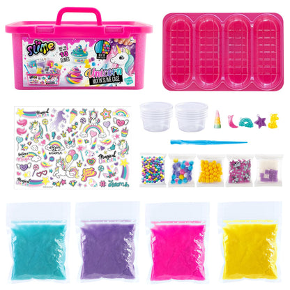 Pink unicorn-themed slime case featuring ready-made pink slime with colorful mix-ins from Canal Toys' So Slime Unicorn collection.