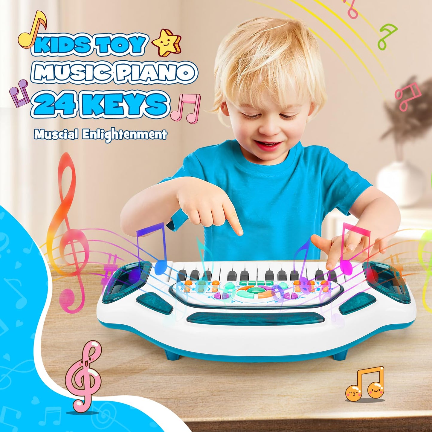m zimoon Kids Piano Keyboard, 24 Keys Multifunctional Toddlers Musical Toy Instruments with Dynamic Lighting, Educational Gifts for Boys Girls Aged 1-6