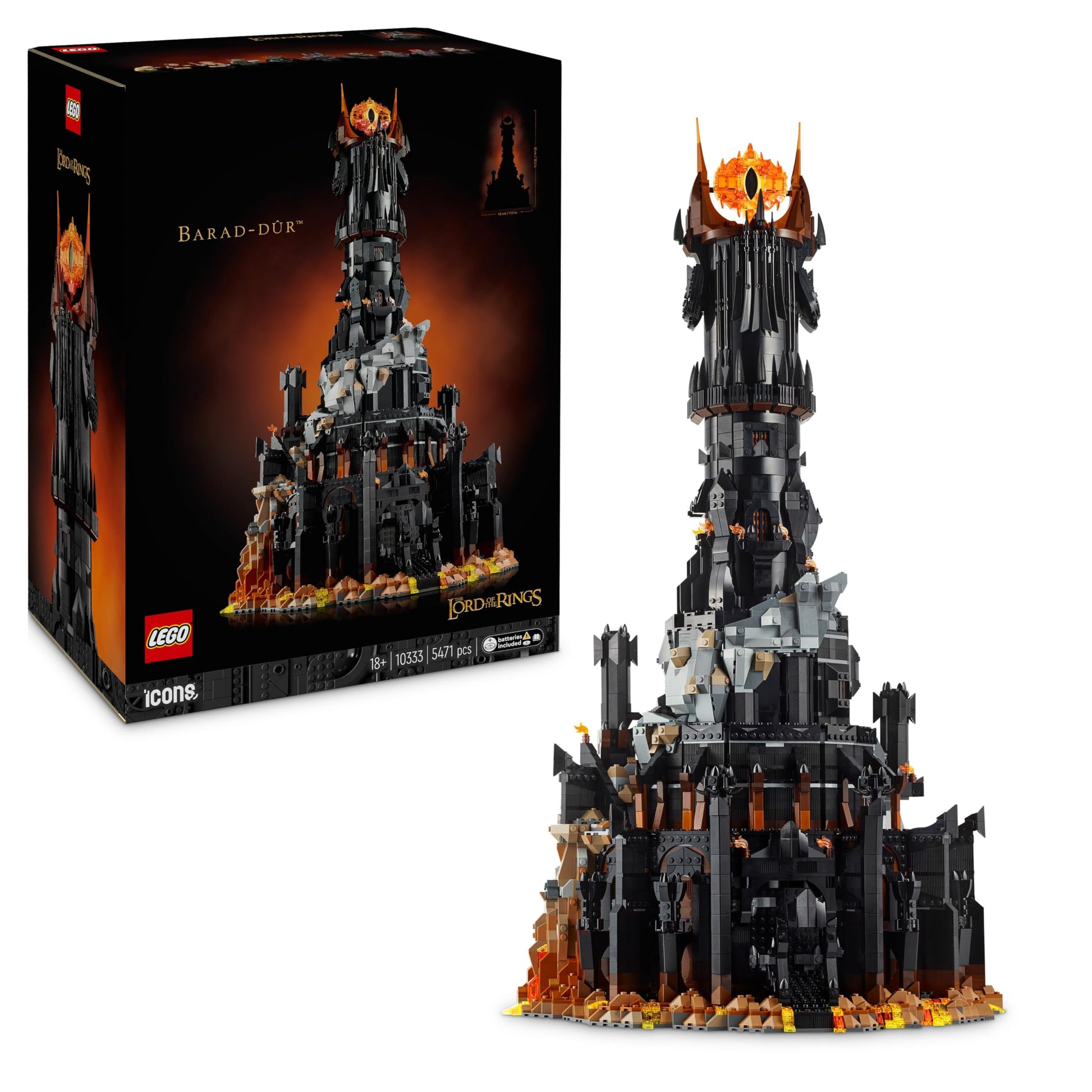 LEGO Icons Barad-dûr model with Sauron, Gothmog, Orc, Frodo, Sam, and Gollum minifigures, detailed building set for adults.