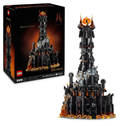 LEGO Icons Barad-dûr model with Sauron, Gothmog, Orc, Frodo, Sam, and Gollum minifigures, detailed building set for adults.