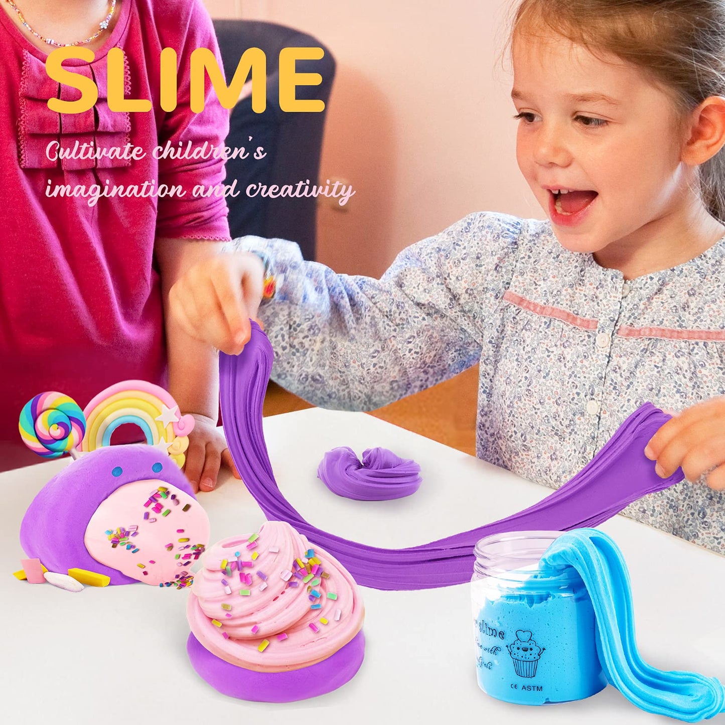 Colorful fluffy slime kit for kids, includes putty slimes set suitable for ages 5-12, perfect as craft gift or stress toy.