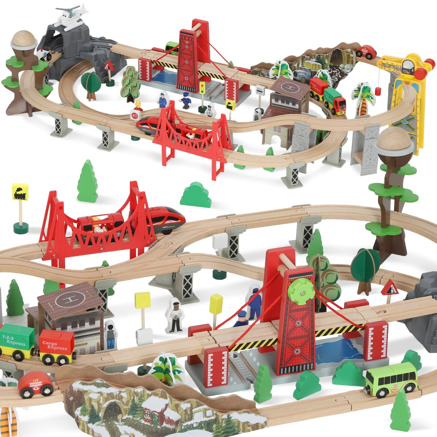 AIYAPLAY wooden train set with tracks, crane, bridge, and helicopter for kids ages 3+; magnetic railway toy for toddlers.