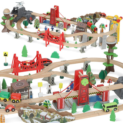 AIYAPLAY wooden train set with tracks, crane, bridge, and helicopter for kids ages 3+; magnetic railway toy for toddlers.