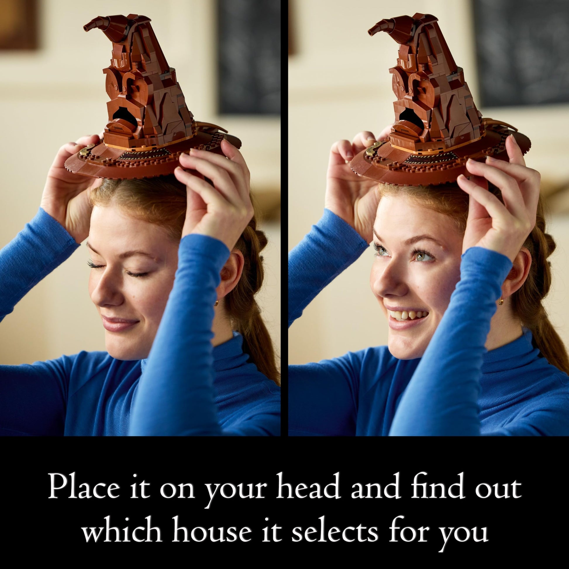 LEGO Harry Potter Talking Sorting Hat Set with character minifigure and sound feature, ideal for adult builders.