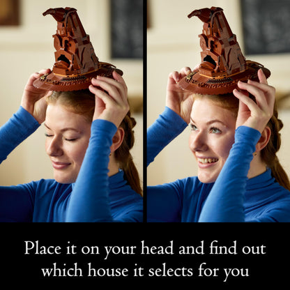 LEGO Harry Potter Talking Sorting Hat Set with character minifigure and sound feature, ideal for adult builders.