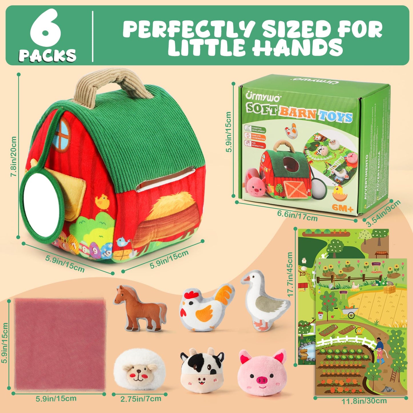 URMYWO Baby Toys 6 to12 Months Sensory Toy with Farm Animals Rattle Toys,Baby Mirror,Crinkle Paper,A Farm Mat,Montessori Toys Baby for Toddler 1-3 Year