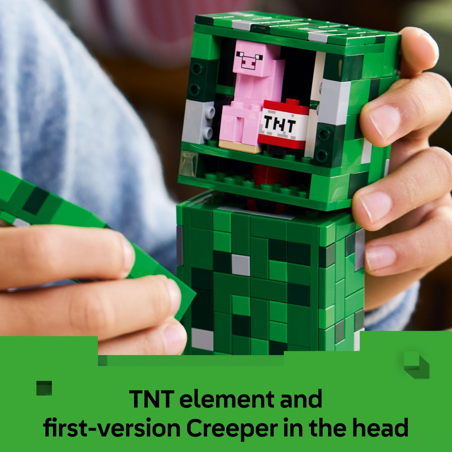 LEGO Minecraft The Creeper posable figure with hidden compartment, pig, and TNT element for creative play.