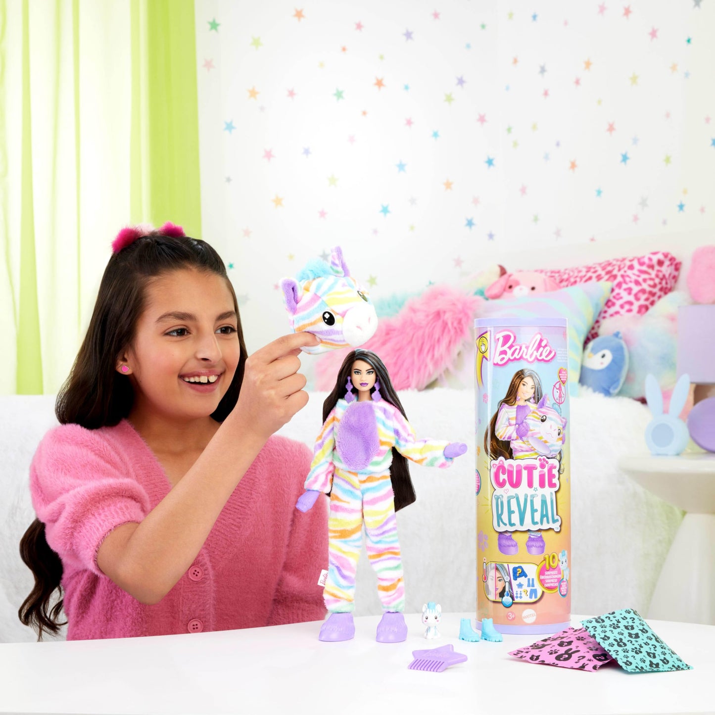Barbie Cutie Reveal Doll with rainbow zebra plush costume and accessories, showing colorful surprises and a color-changing feature.