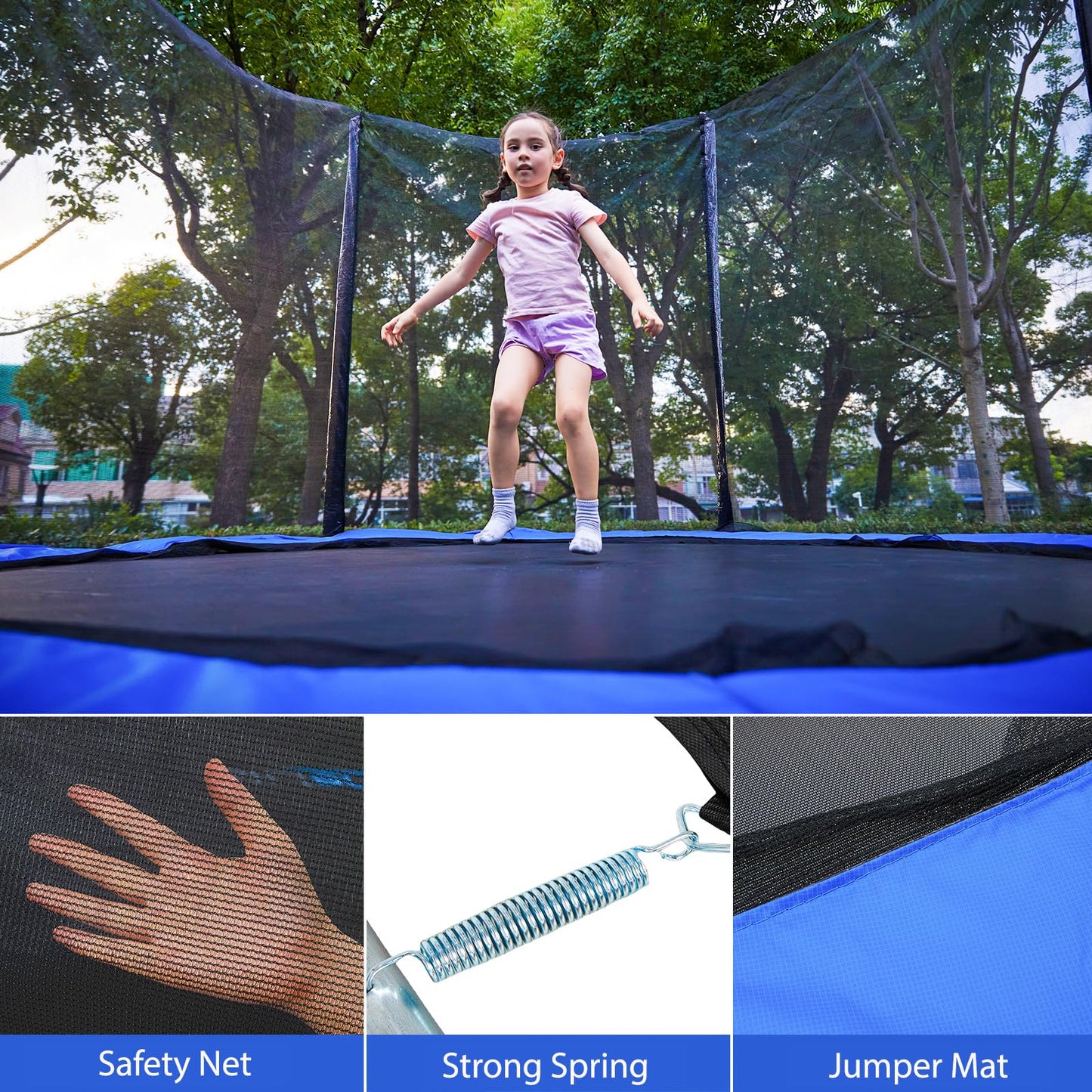 SereneLife Outdoor Trampoline for Kids and Adults - 8ft 10ft 12ft - ASTM Certified Heavy Duty Garden Trampoline with Safety Poles Netting and Stable Rustproof Frame