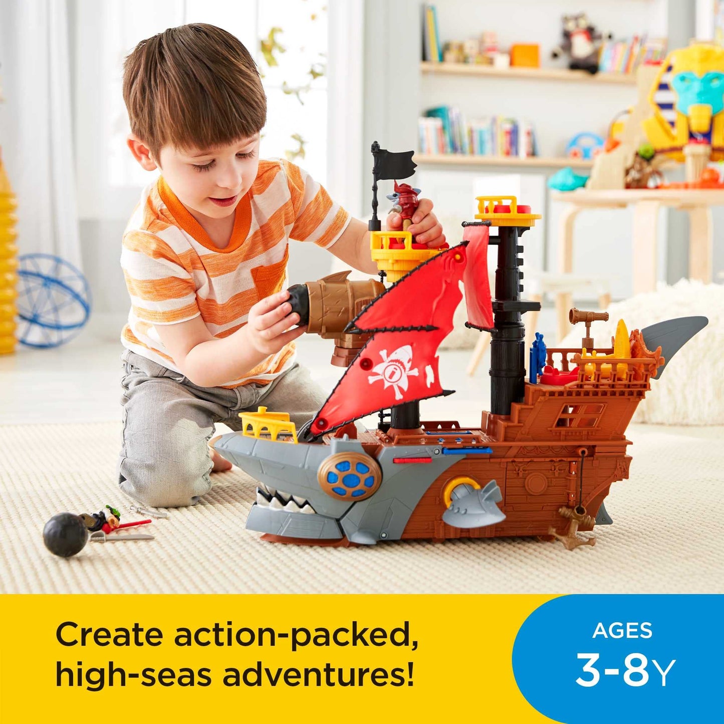 Fisher-Price Imaginext pirate ship playset with figure and accessories, featuring a shark bite theme for preschool pretend play.