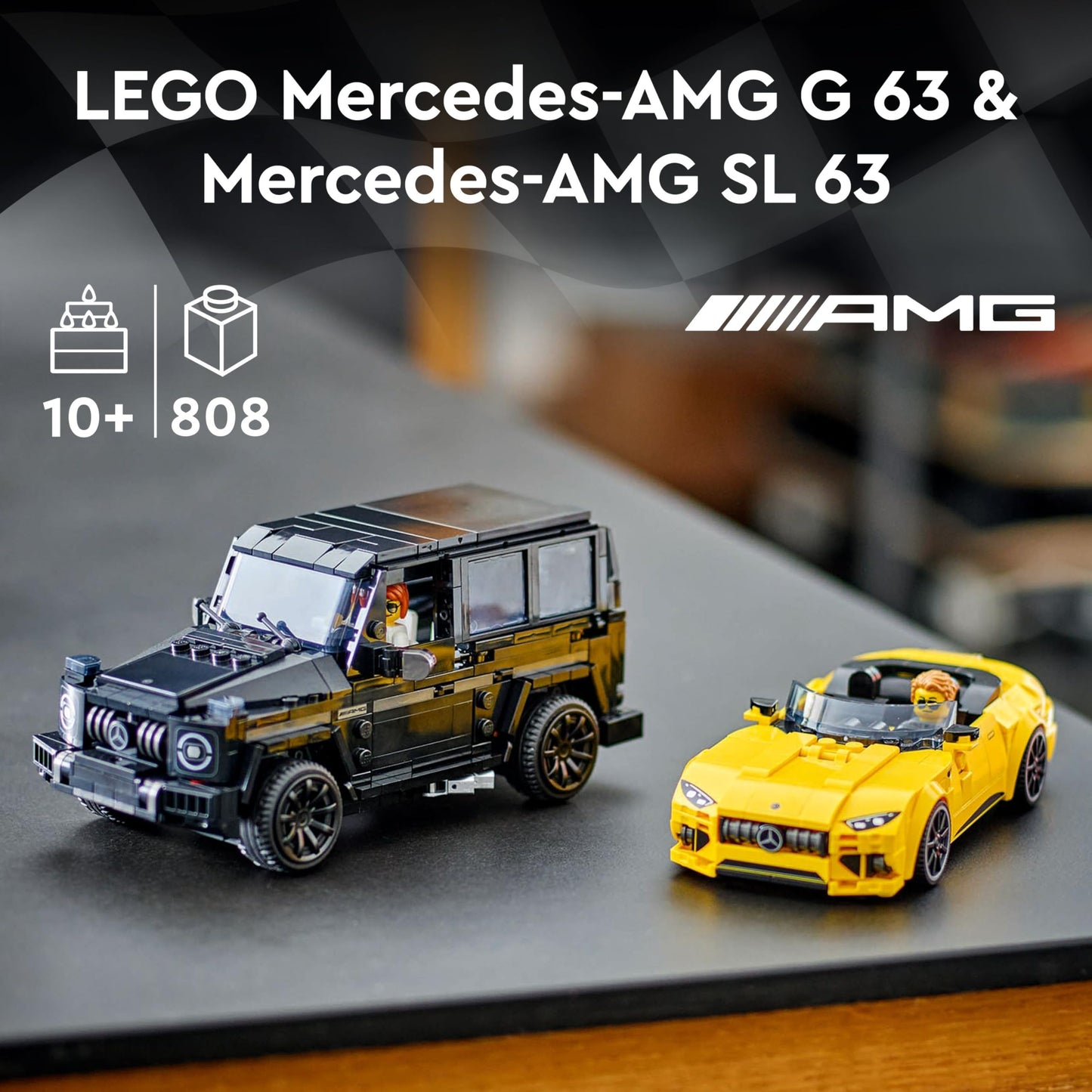 LEGO Speed Champions set featuring Mercedes-AMG G 63 and SL 63 cars with two driver minifigures for kids.