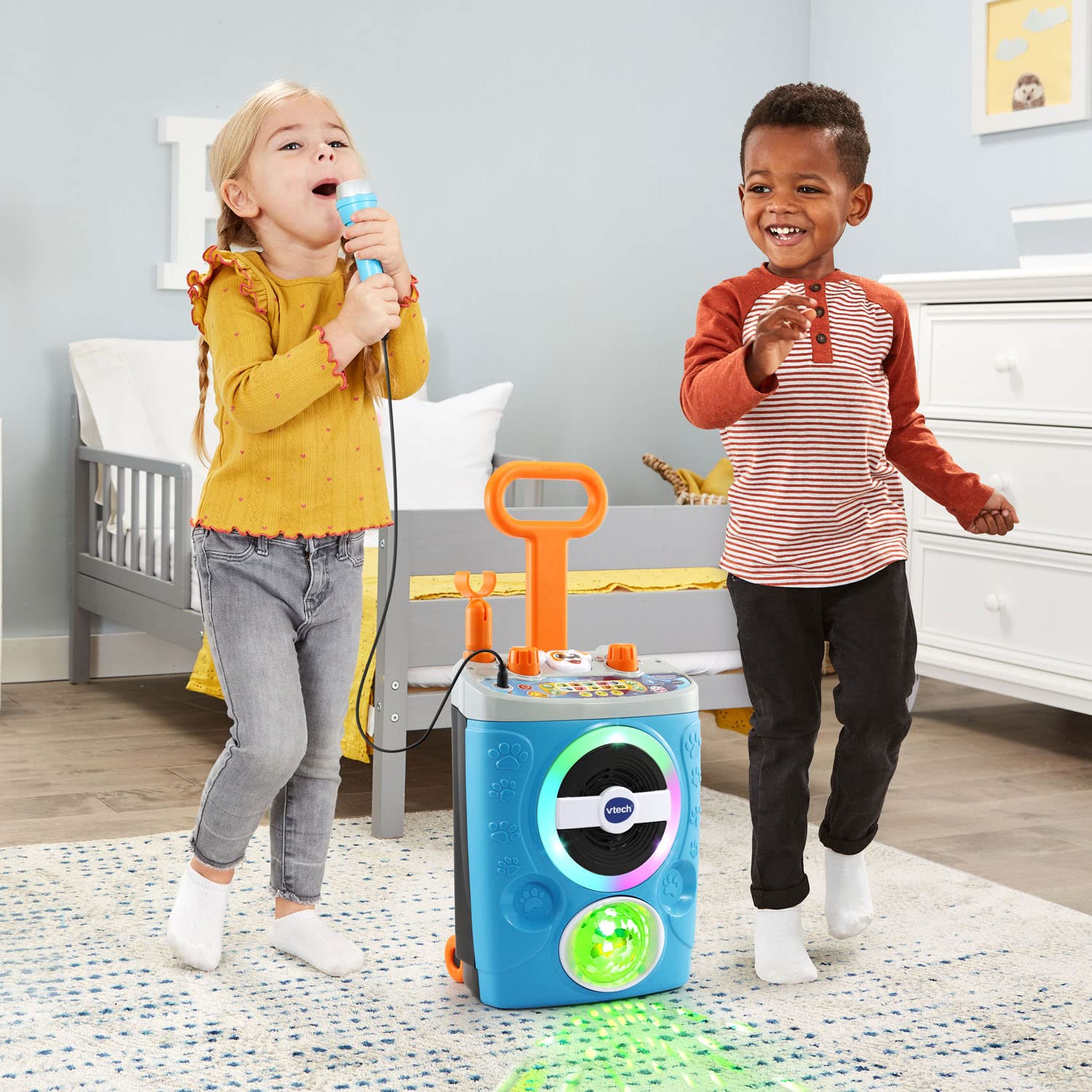 VTech Kidi Superstar Jr. karaoke machine with colorful microphone and built-in music buttons for kids' singing fun