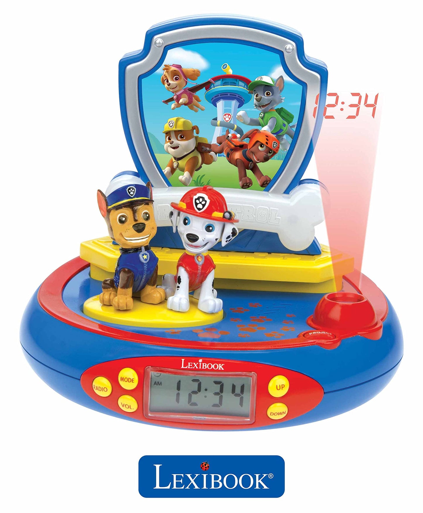 LEXIBOOK, Paw Patrol, Projector Alarm Clock for kids, Nightlight and time projection to the ceiling, Sound Effects, Battery-powered, Blue, RP500AC