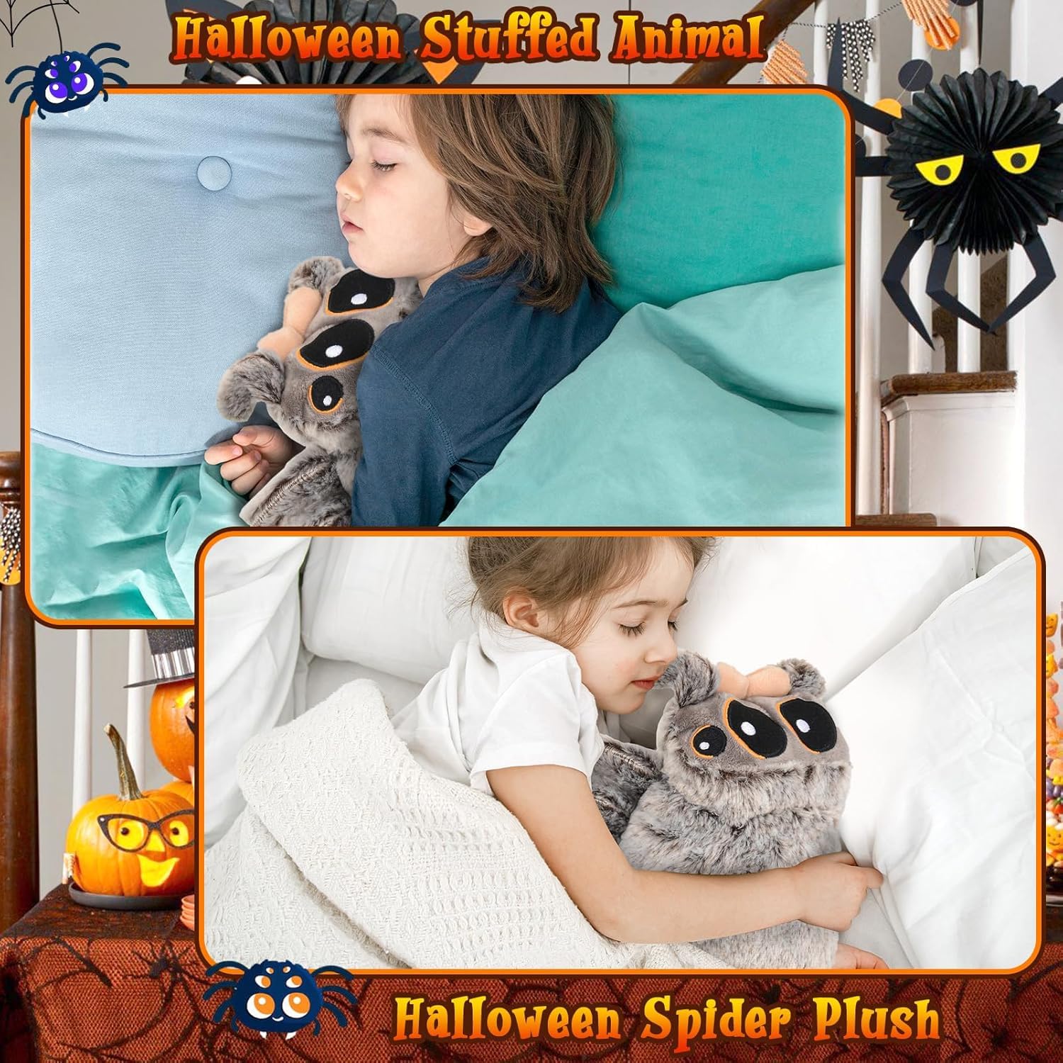 CelestiMingle 8.2-inch plush spider toy with big eyes, soft and realistic, perfect for Halloween, Christmas, and birthday decorations.